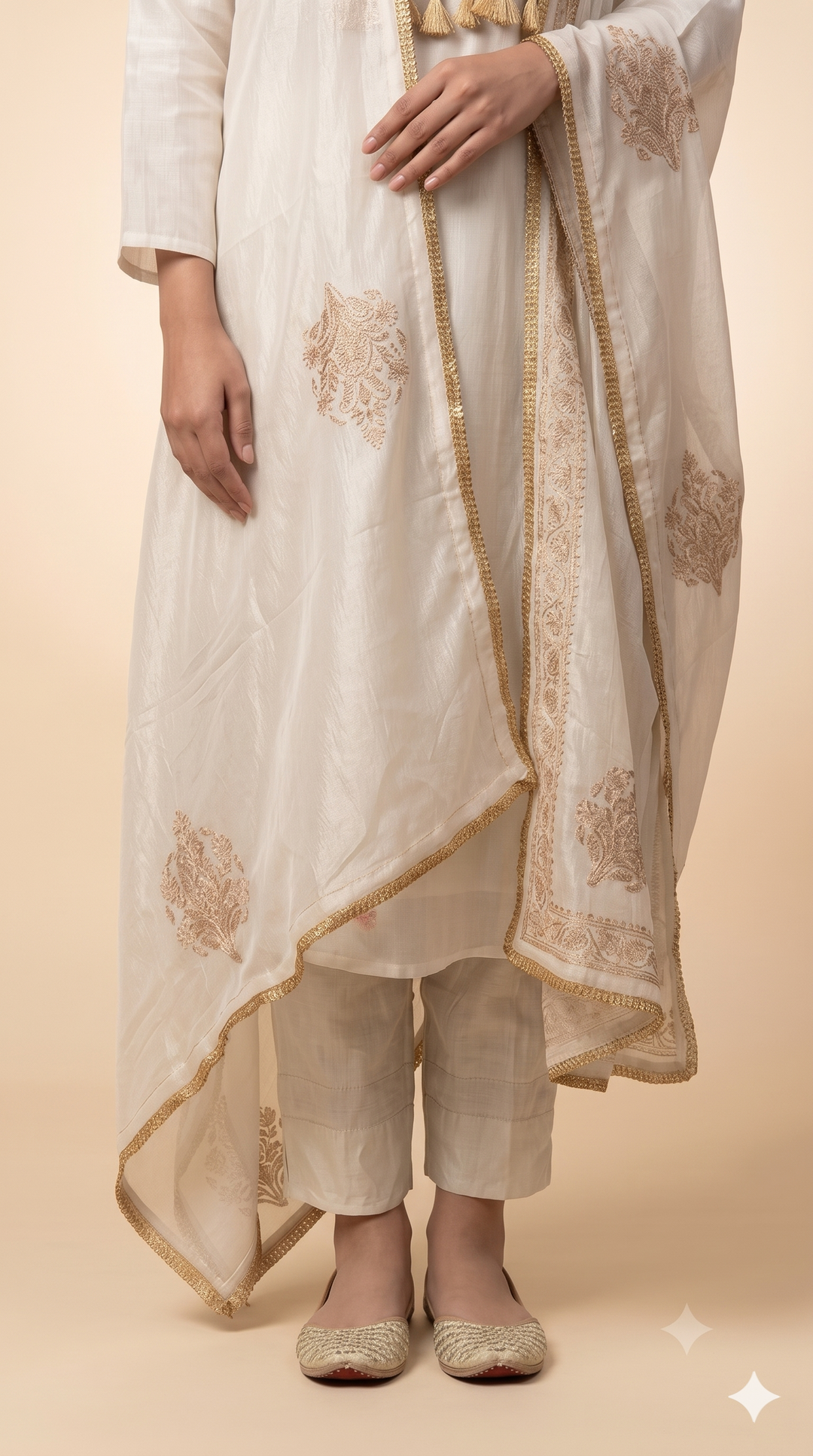 Ivory Embroidered Kurta Palazzo Set with Dupatta