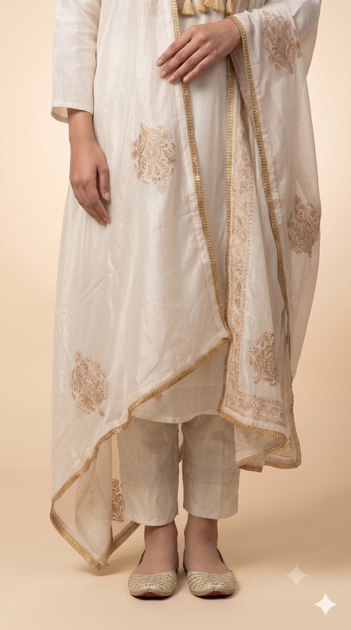 Ivory Embroidered Kurta Palazzo Set with Dupatta
