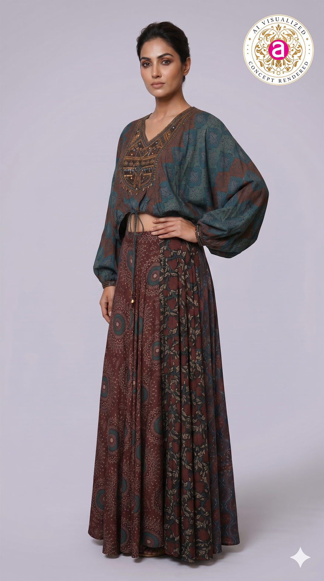 Bohemian Printed Co-Ord Set with Embellished Crop Top & Maxi Skirt