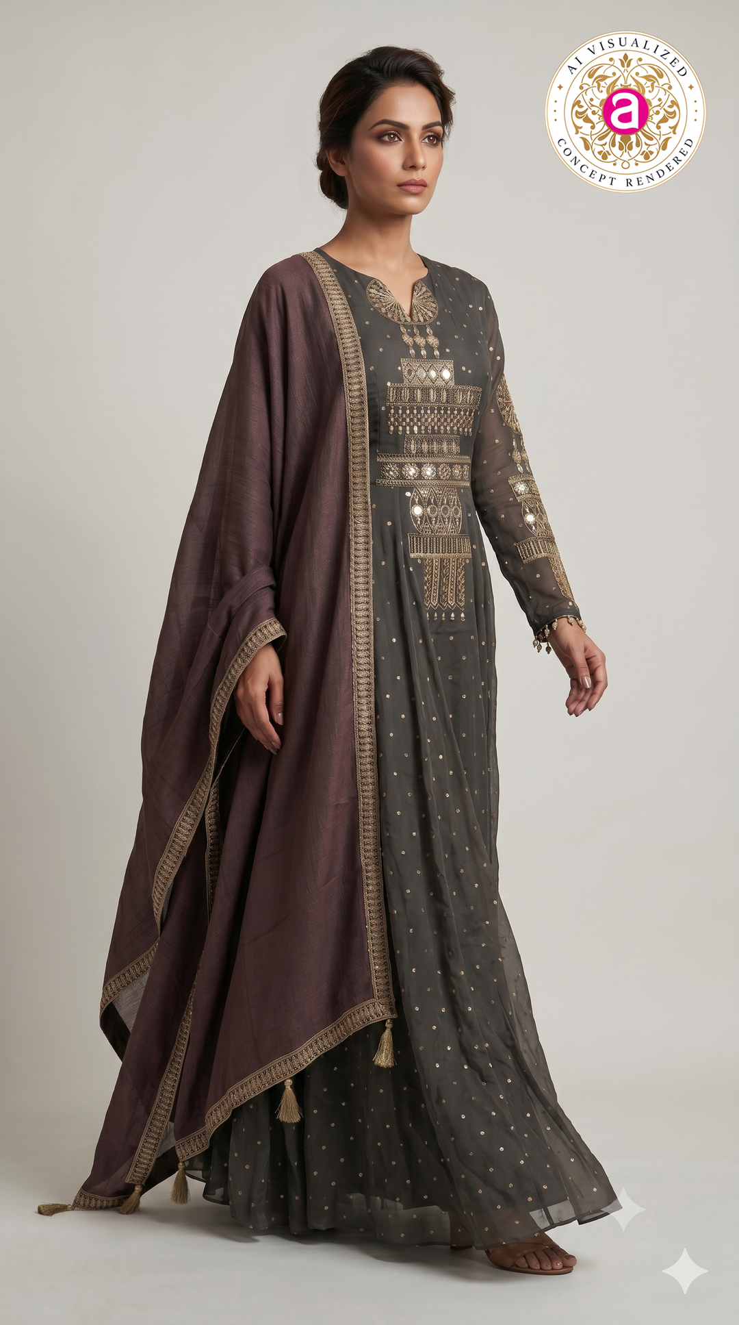 Charcoal Grey Embroidered Anarkali Suit Set with Wine Dupatta