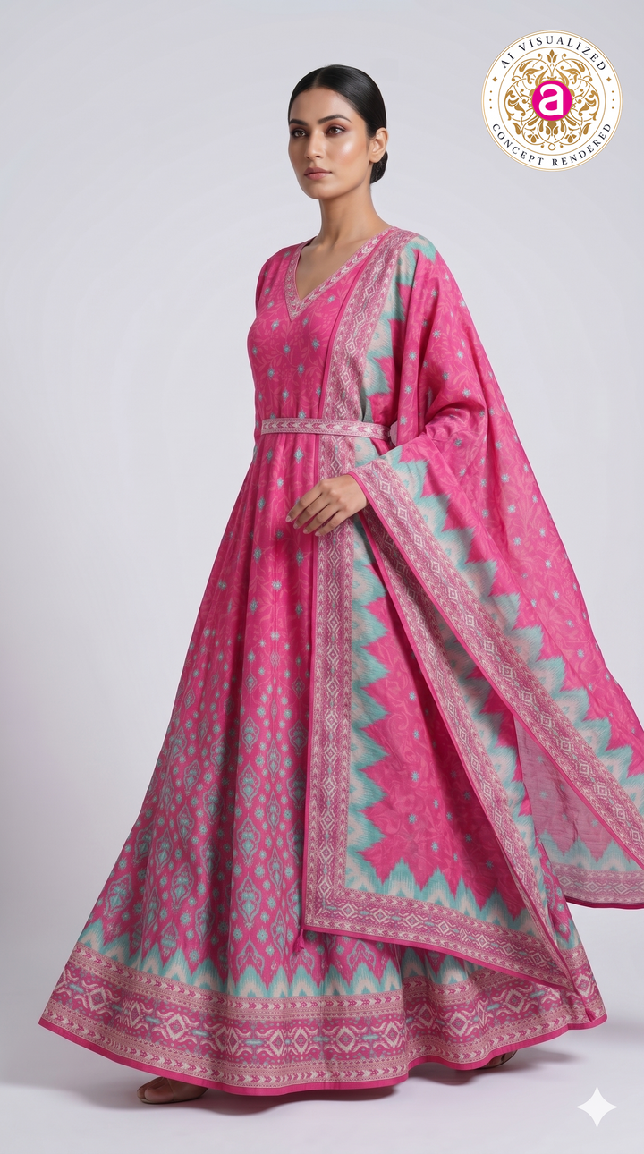 Rani Pink Ikat Inspired Anarkali Suit Set with Designer Dupatta