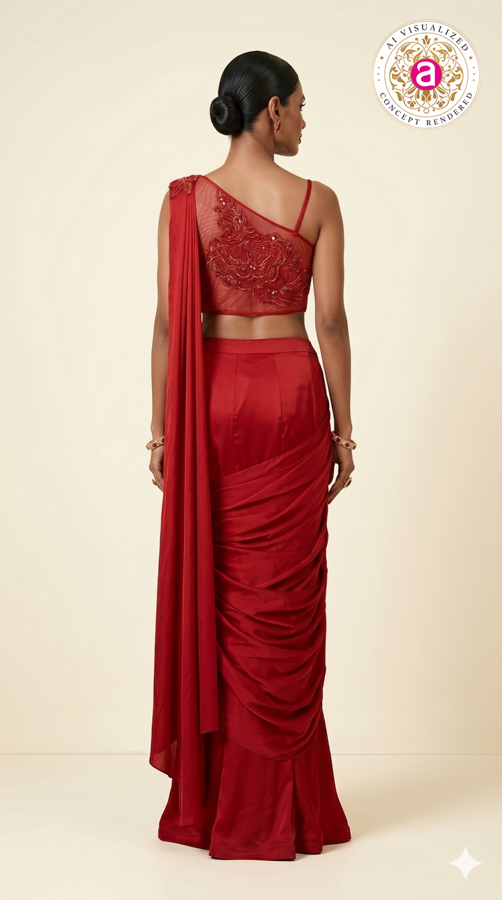 Ruby Red Draped Indo-Western Saree Gown with Embellished Floral Bodice