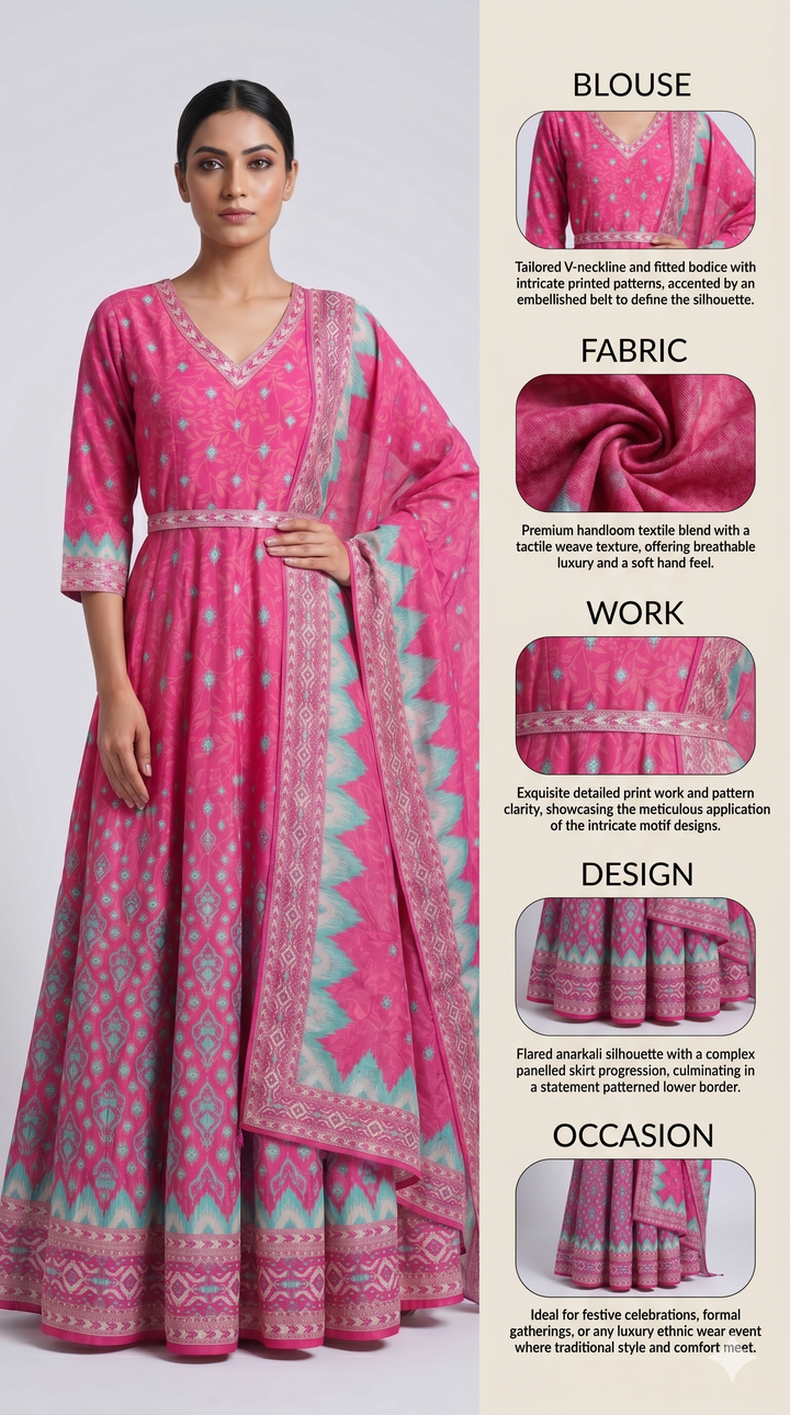 Rani Pink Ikat Inspired Anarkali Suit Set with Designer Dupatta