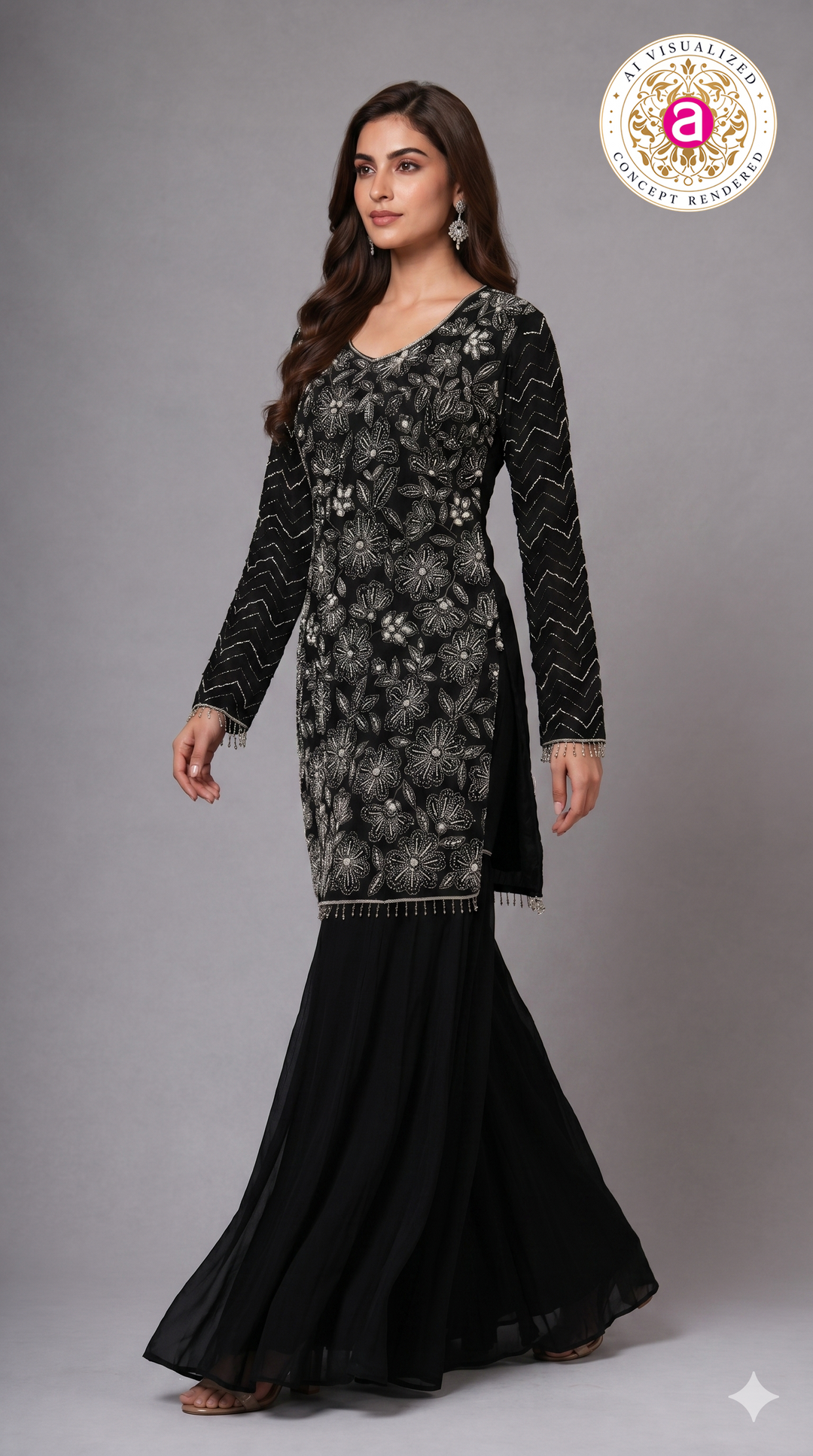 Black Embroidered Kurta Sharara Set