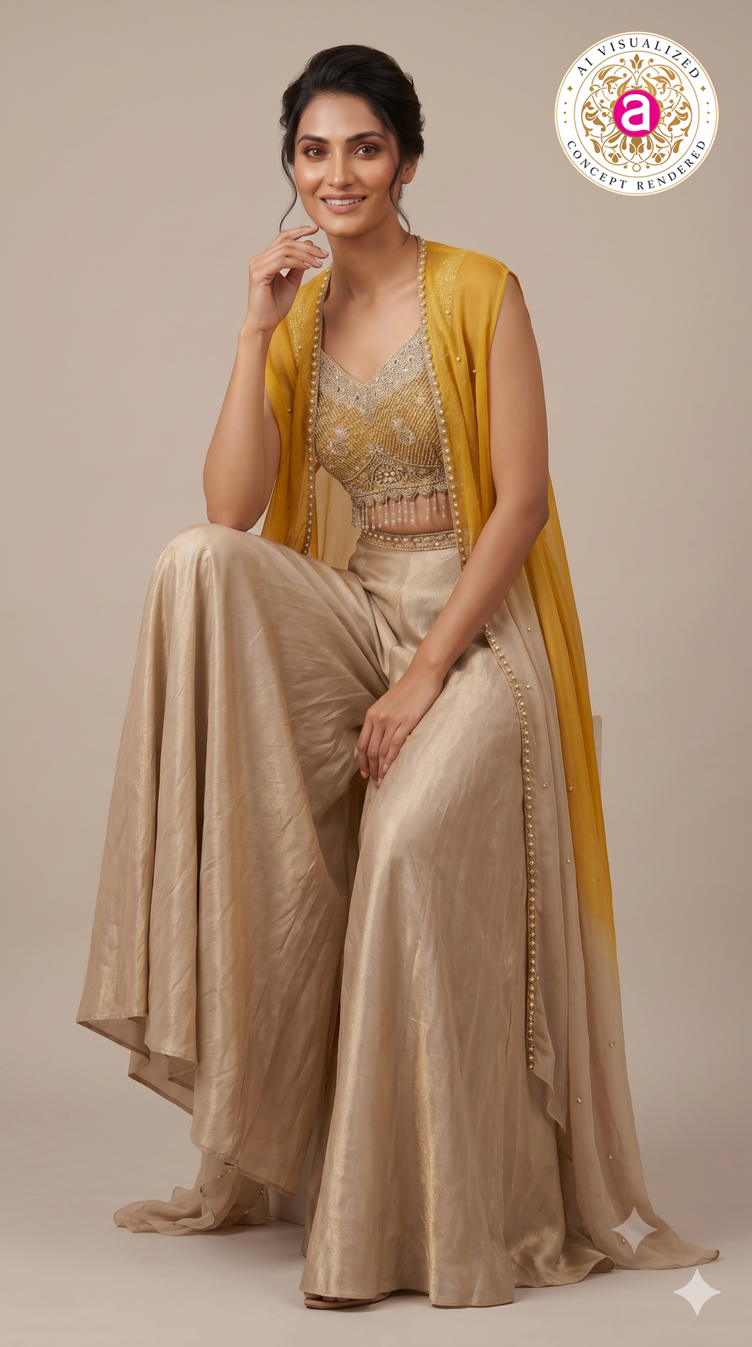 Mustard Yellow Cape Style Palazzo Set with Embellished Blouse