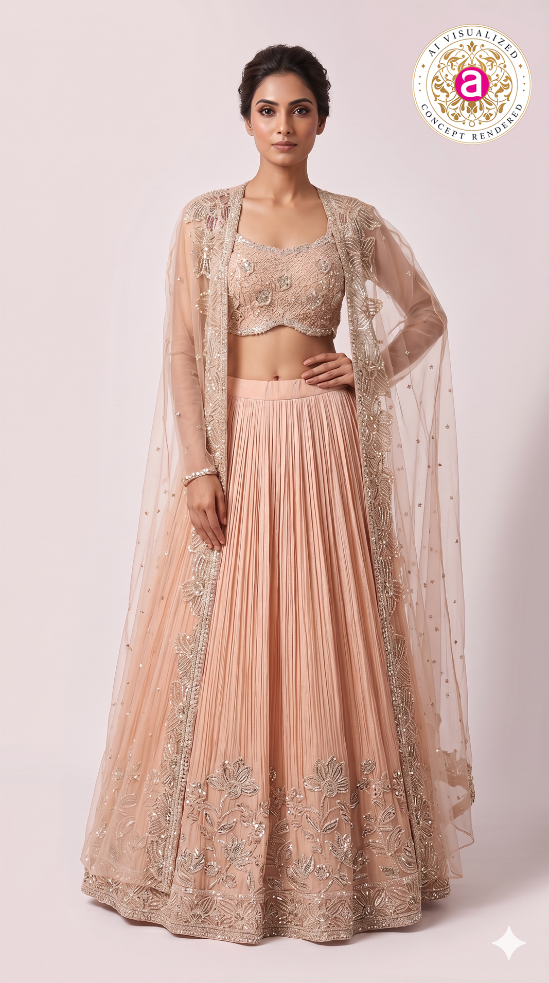Blush Pink Embroidered Pleated Lehenga Set with Net Dupatta