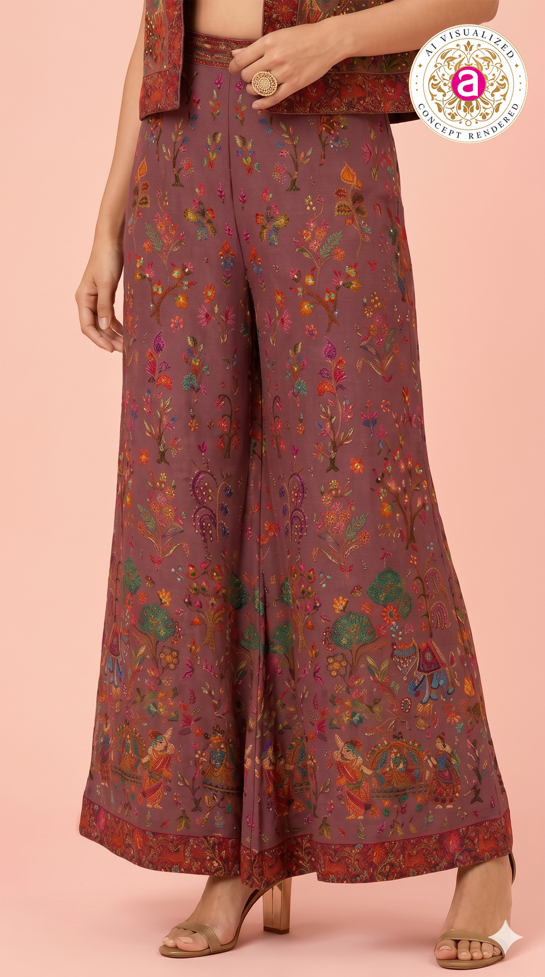Mauve Stone Work Palazzo Set with Crop Top & Jacket