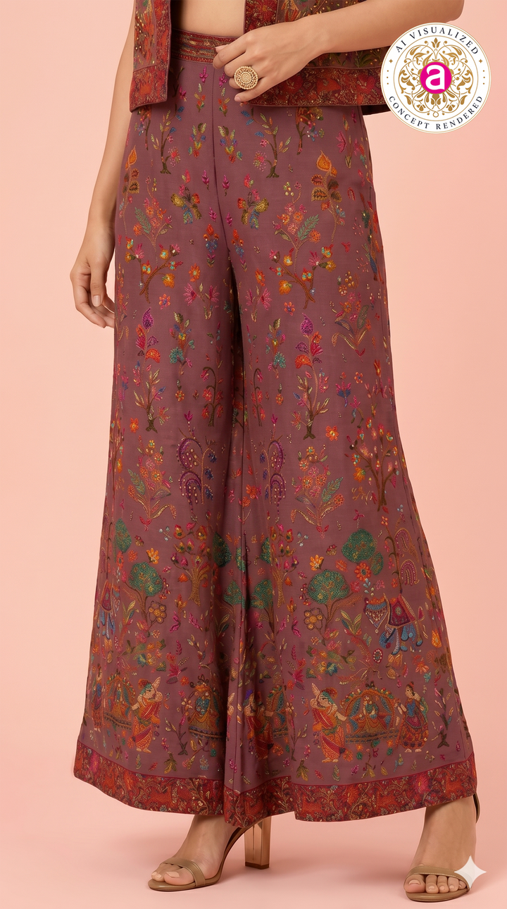 Mauve Stone Work Palazzo Set with Crop Top & Jacket