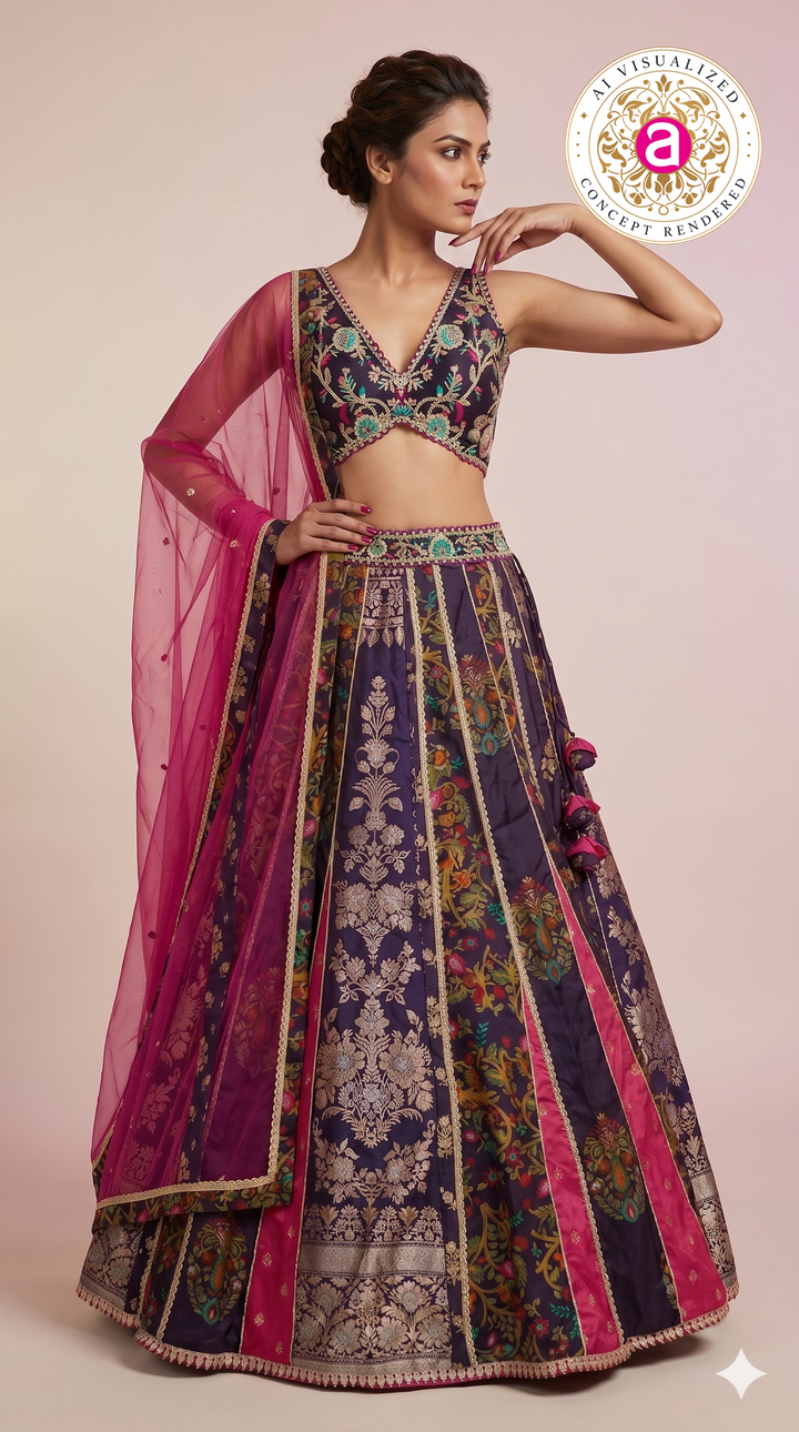 Royal Purple Multicolour Panelled Designer Lehenga Choli with Embroidered Blouse