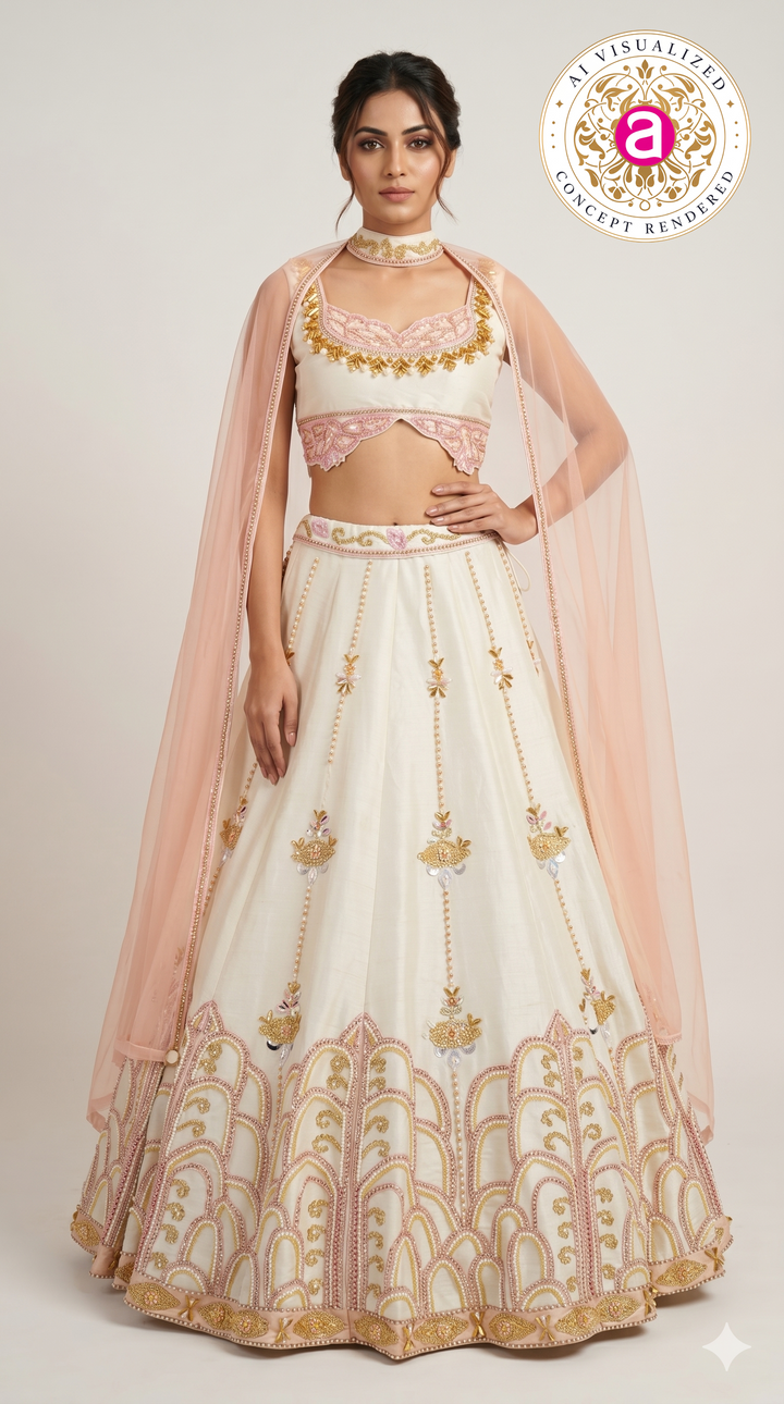 Ivory Blush Pink Embroidered Designer Lehenga Choli with Net Dupatta
