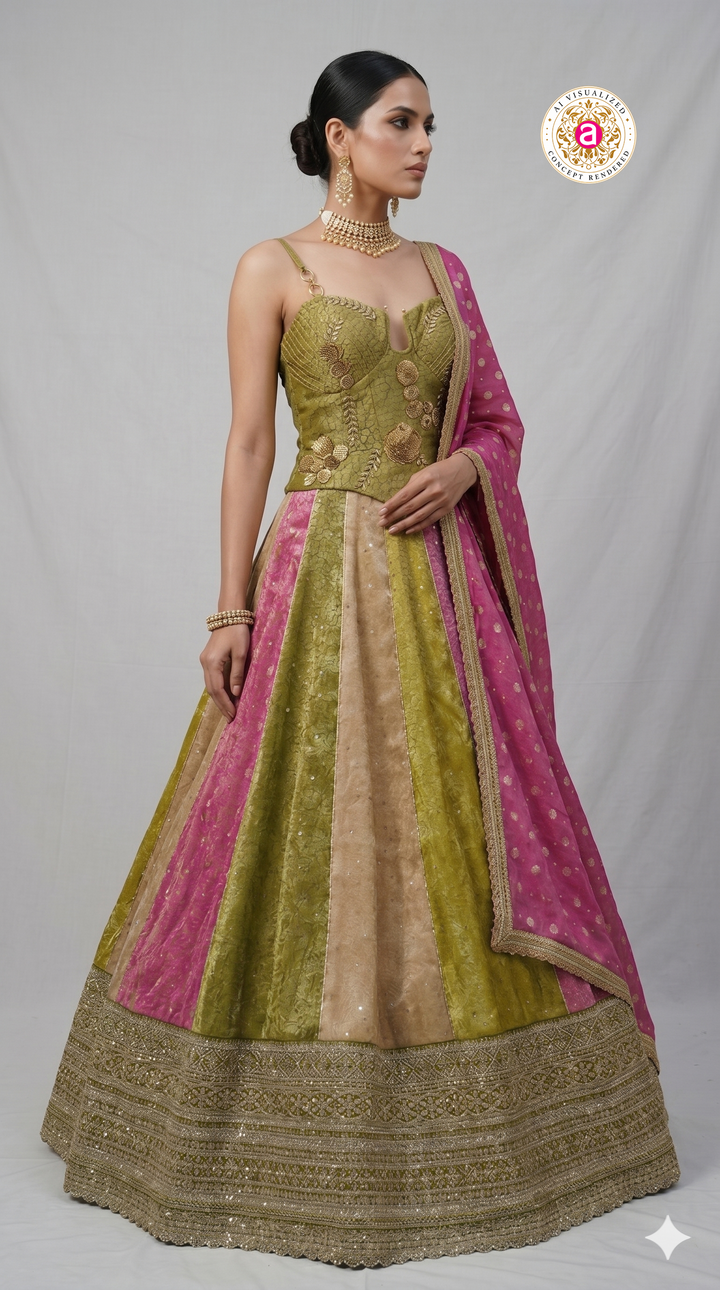 Olive Green & Pink Panelled Designer Lehenga Choli with Embroidered Blouse