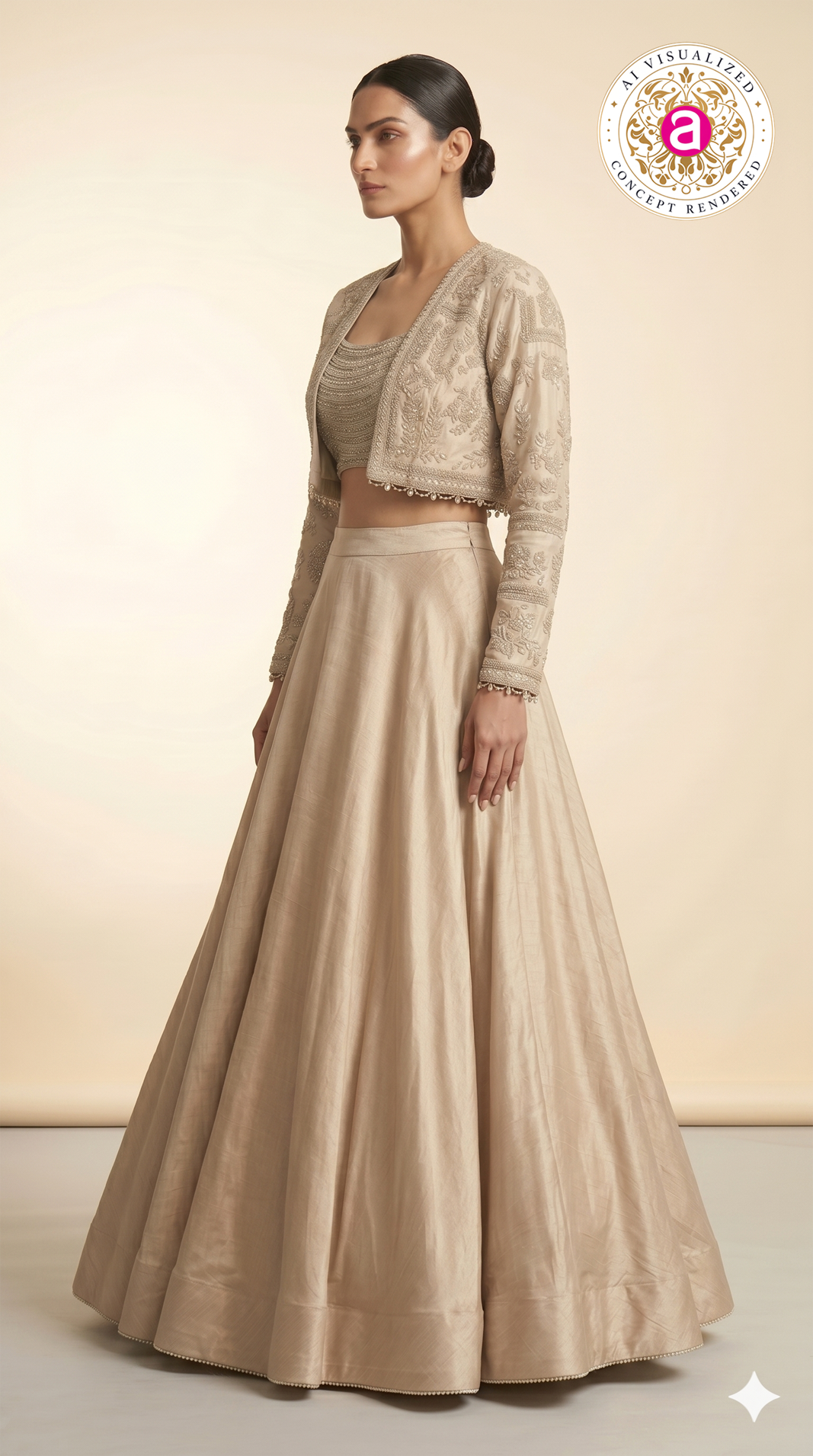 Champagne Beige Embroidered Lehenga Set with Jacket