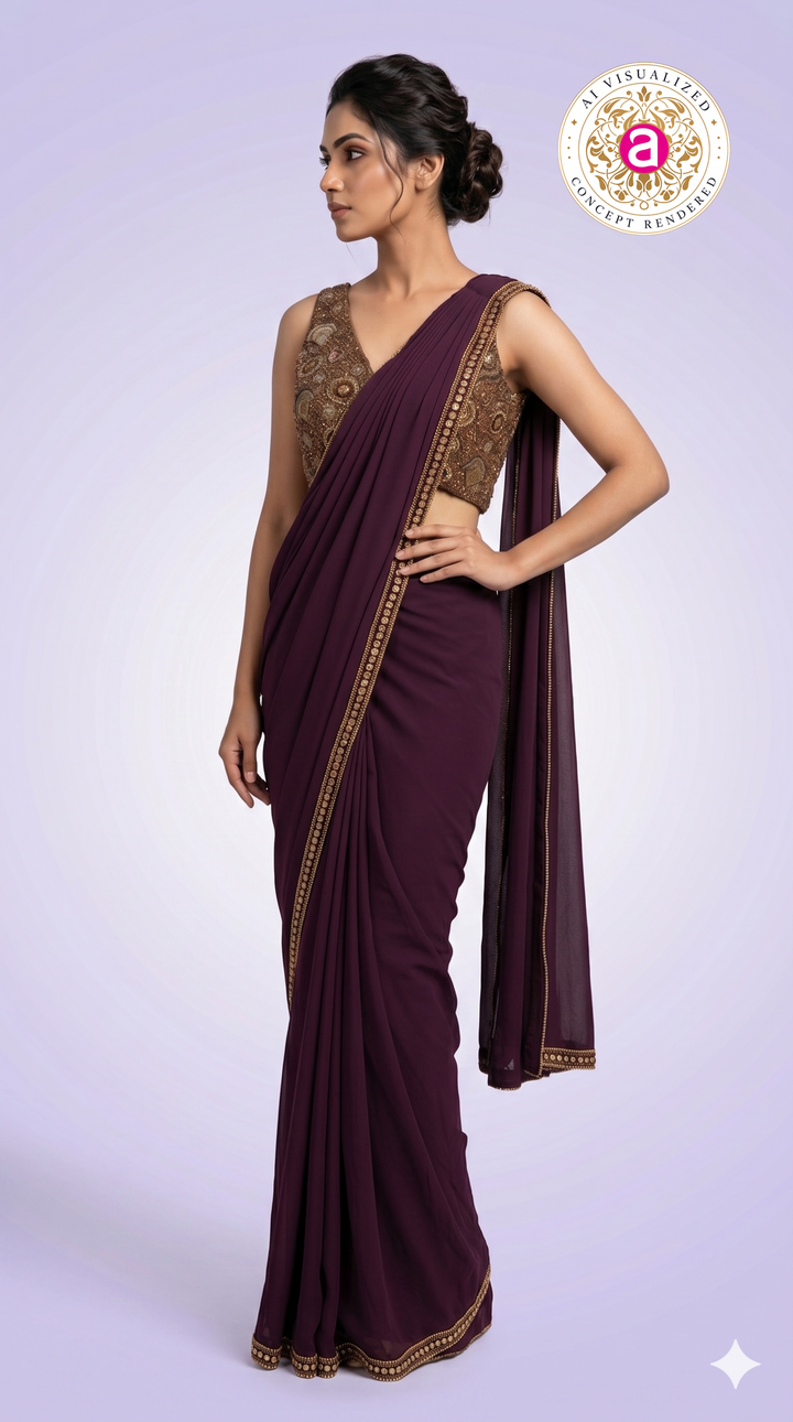 Wine Purple Ready-to-Wear Saree with Embellished Designer Blouse