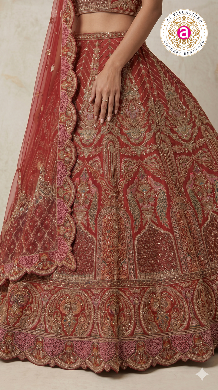 Royal Maroon Bridal Lehenga Set with Heritage Zari Embroidery & Designer Scalloped Net Dupatta