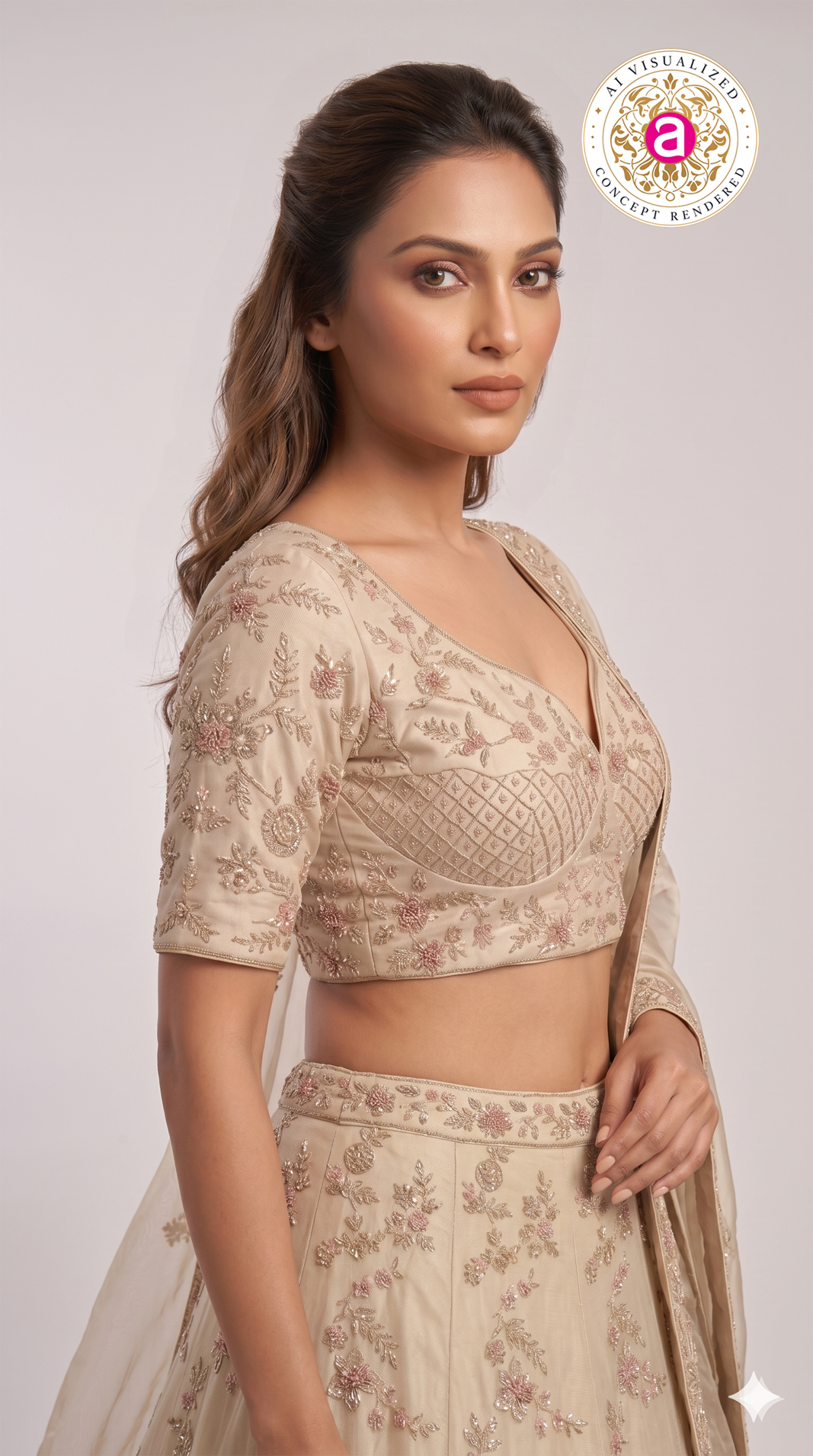 Champagne Beige Designer Embroidered Lehenga Set with Organza Dupatta