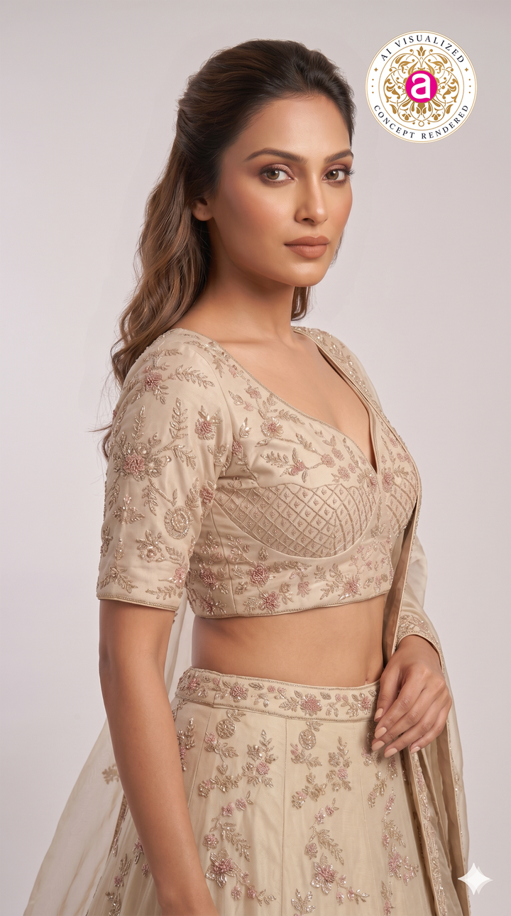 Champagne Beige Designer Embroidered Lehenga Set with Organza Dupatta