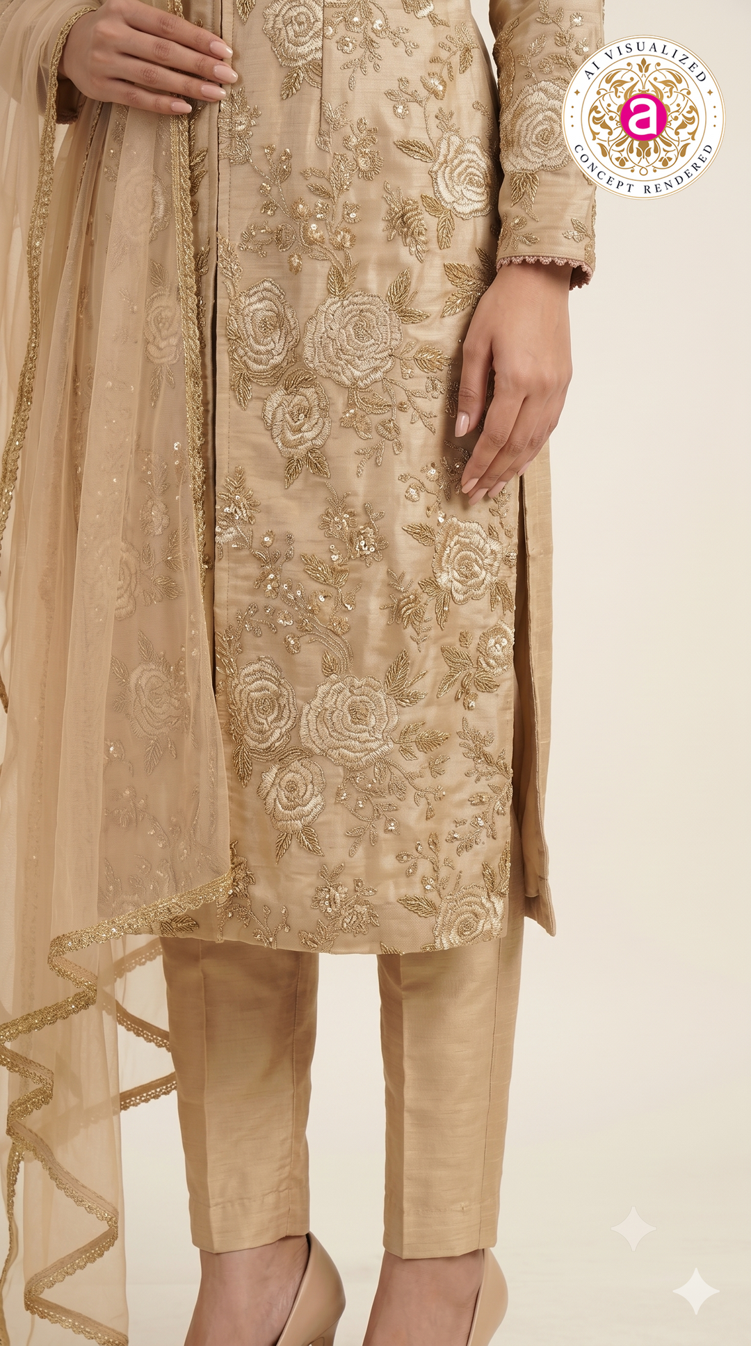 Champagne Gold Floral Embroidered Straight Suit Set