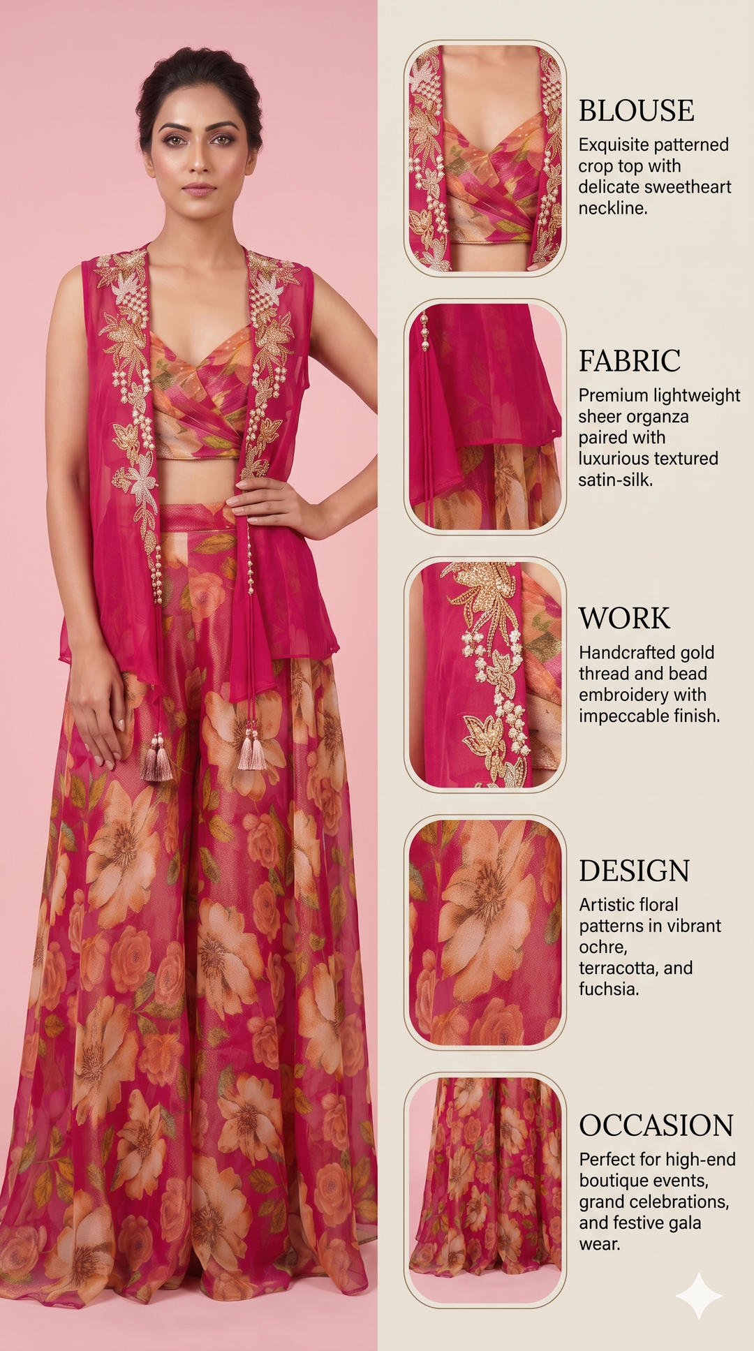 Fuchsia Floral Printed Palazzo Set with Embroidered Cape