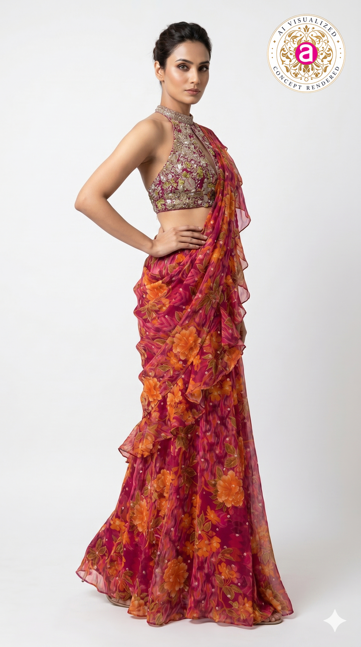 Rani Pink Floral Ready-to-Wear Saree with Ruffle Draping & Embroidered Halter Blouse