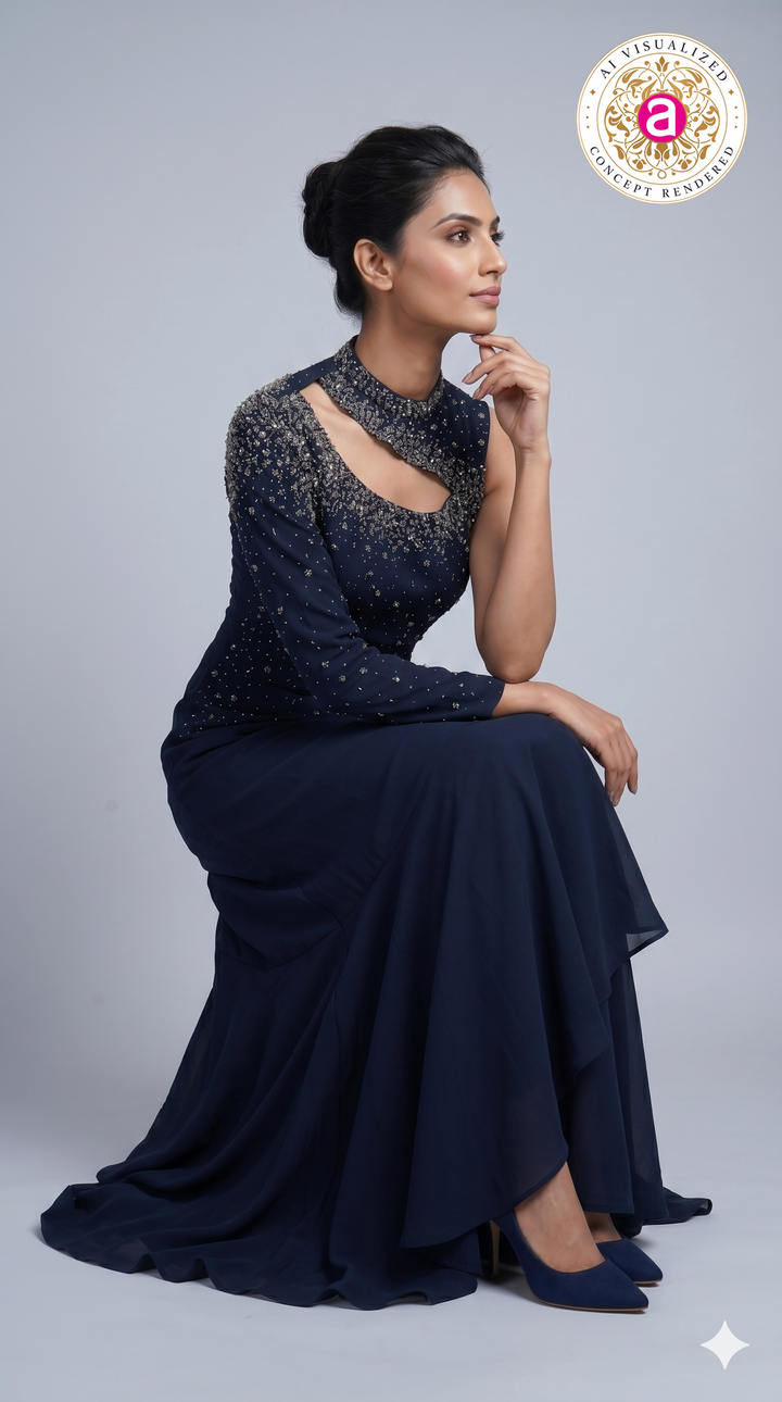 Midnight Navy Embellished One-Shoulder Designer Indo Western