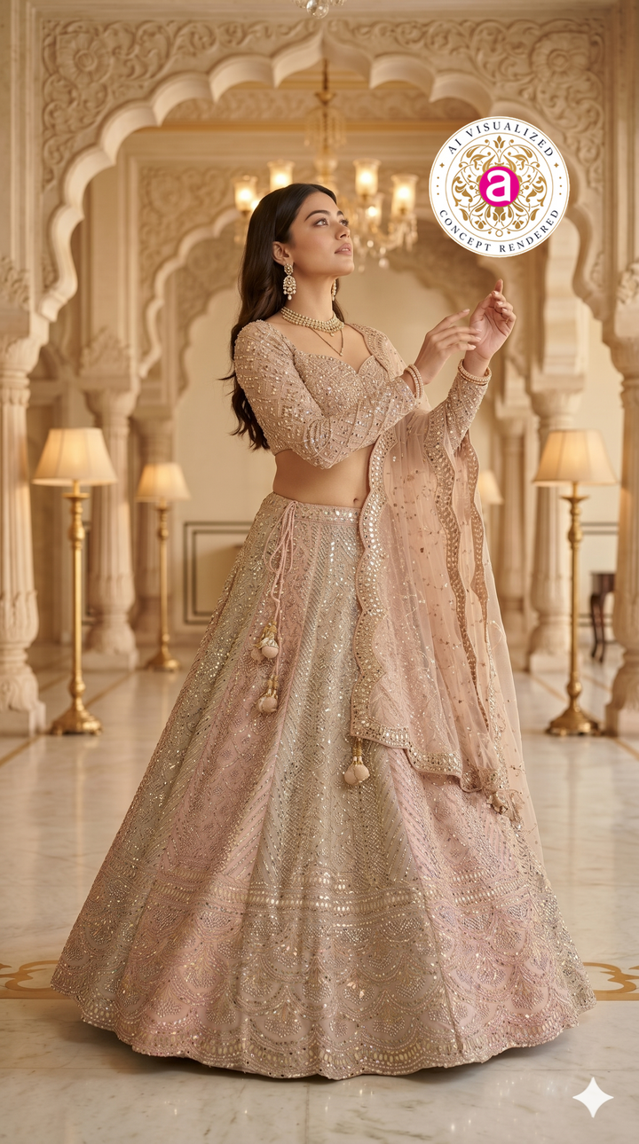 Blush Beige Designer Lehenga Set with Embellished Blouse and Net Dupatta