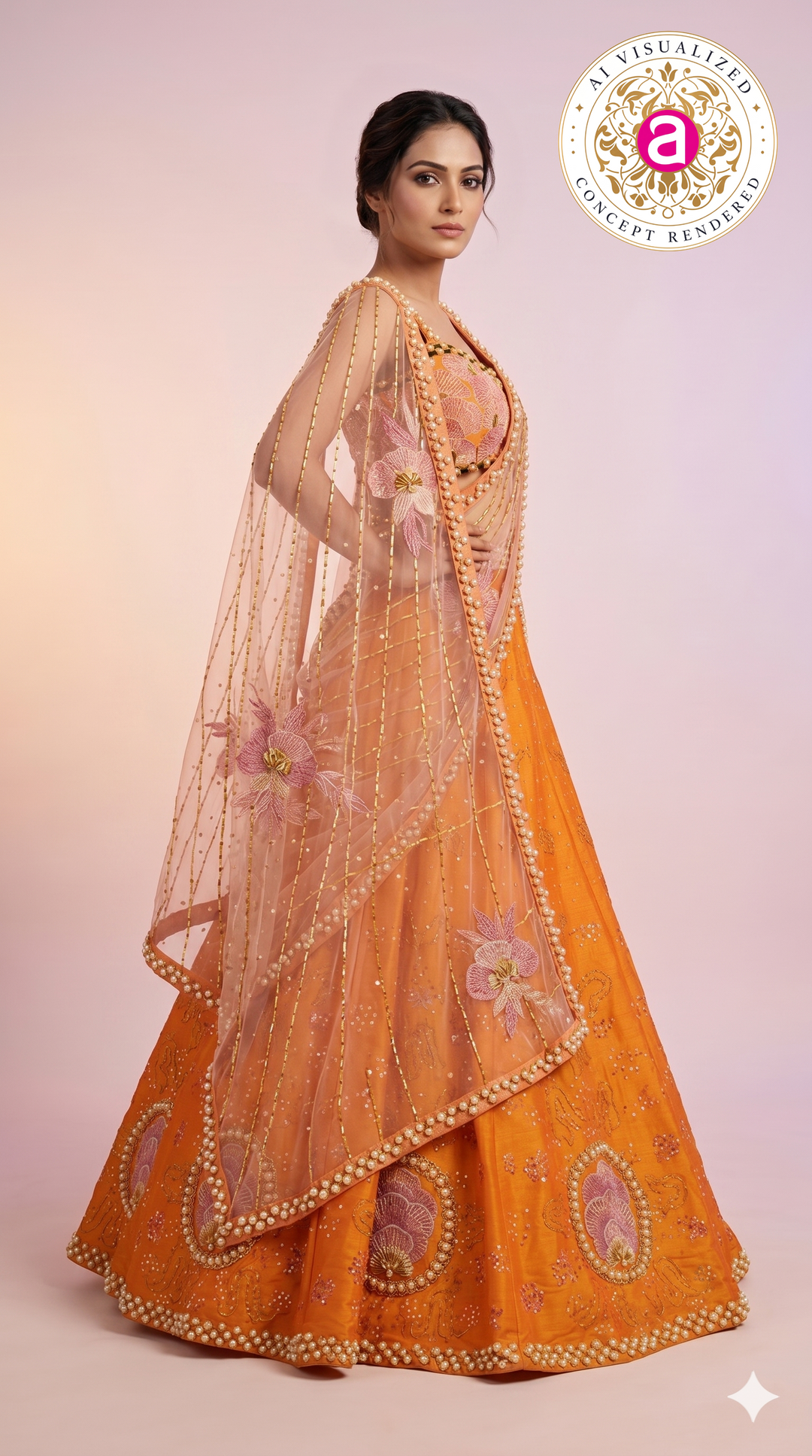 Sunset Orange & Blush Pink Embroidered Designer Lehenga Choli with Net Dupatta