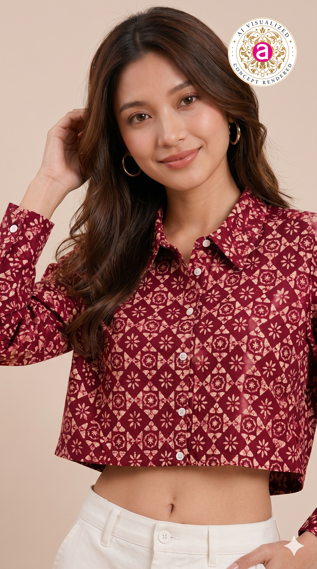 Maroon Geometric Printed Crop Shirt Top