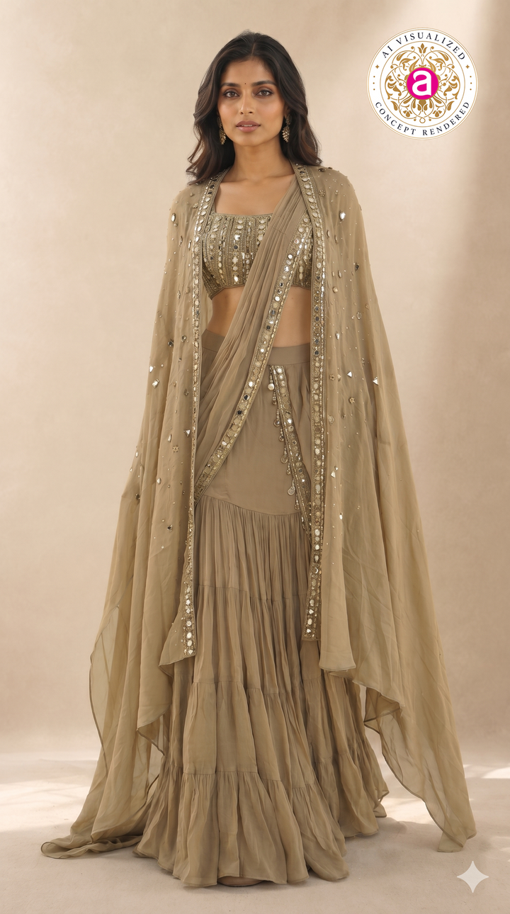 Olive Taupe Ready-to-Wear Draped Saree with Mirror Embellished Blouse & Cape