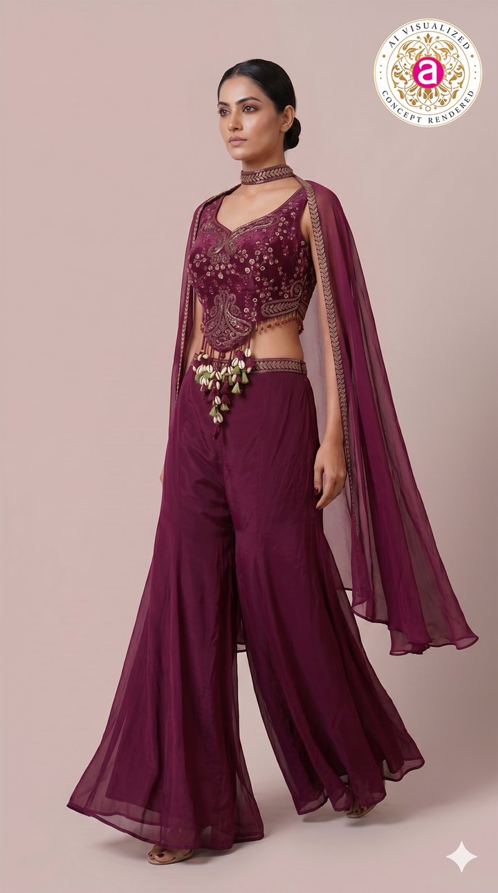 Wine Purple Embroidered Cape Co-Ord Set
