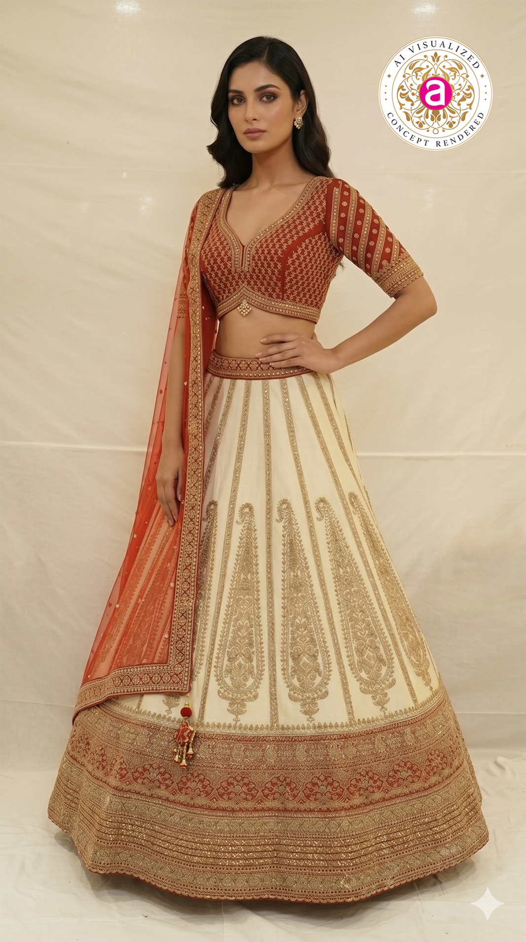 Ivory White & Crimson Red Designer Bridal Lehenga Set with Embroidered Organza Dupatta