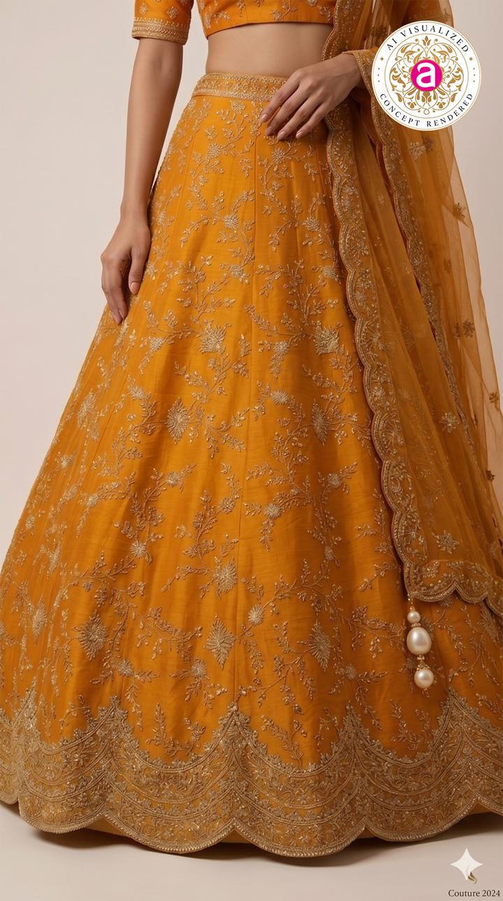 Mustard Yellow Designer Bridal Lehenga Set with Heavy Zari Embroidery & Net Dupatta