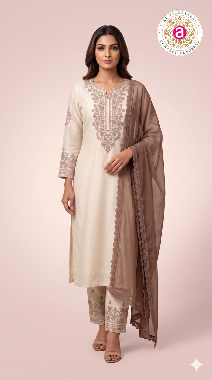 Ivory Embroidered Straight Kurta Set with Brown Dupatta