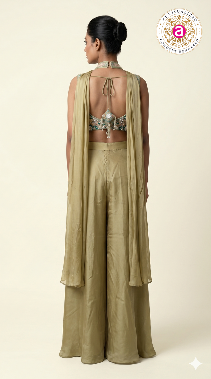 Sage Gold Embroidered Crop Top with Palazzo Pants & Cape Dupatta Set