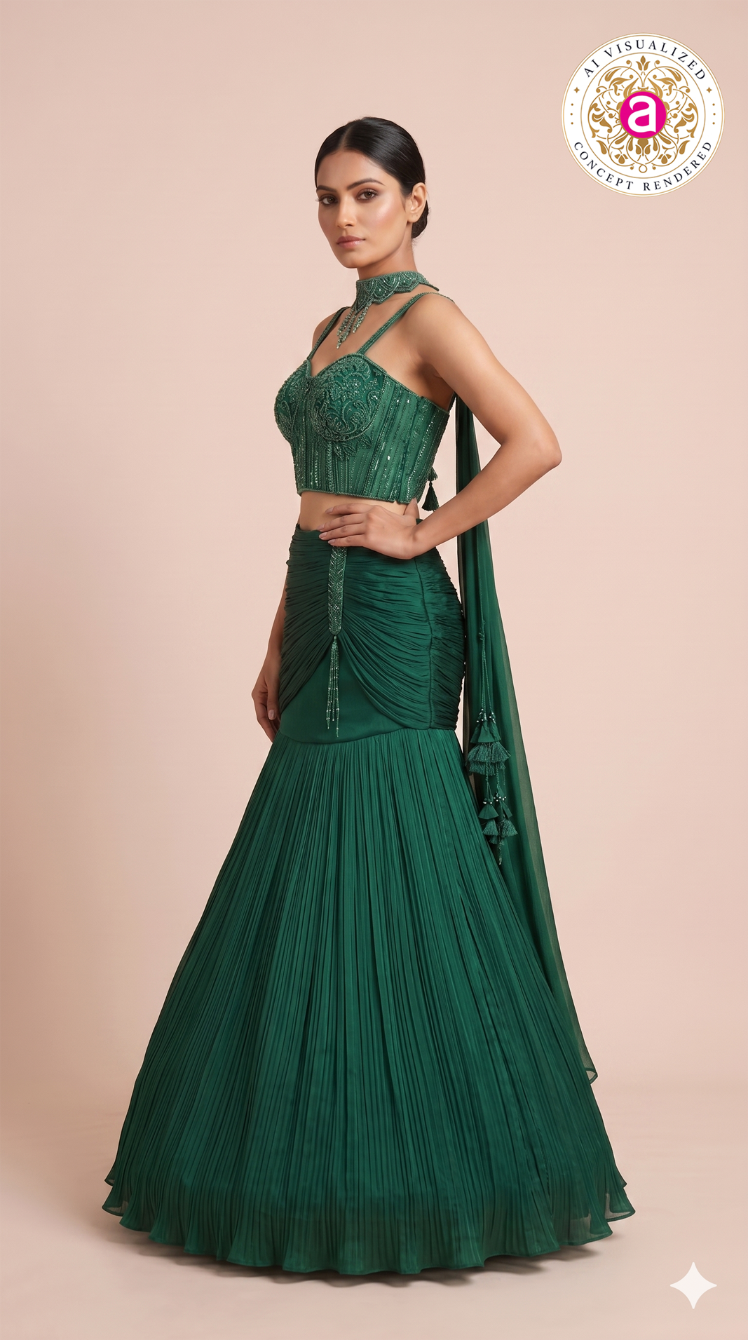 Emerald Green Designer Mermaid Lehenga Set with Embellished Crop Top