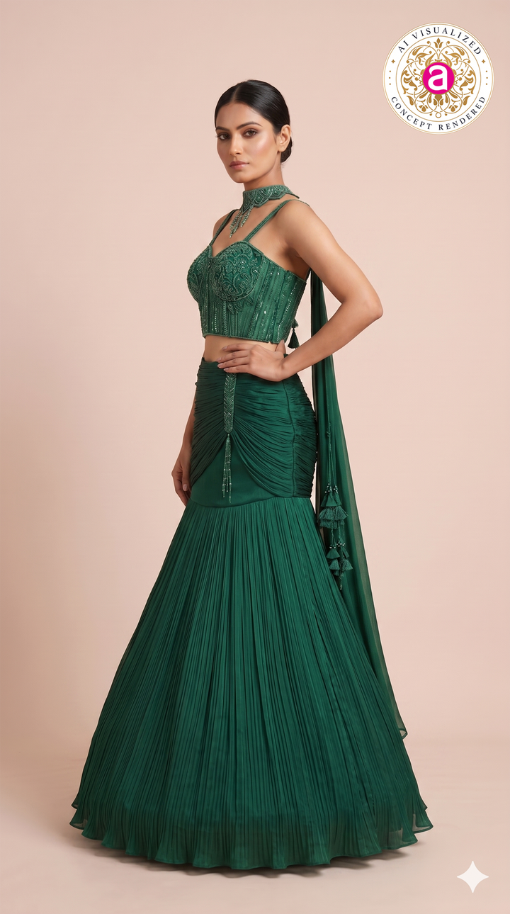 Emerald Green Designer Mermaid Lehenga Set with Embellished Crop Top
