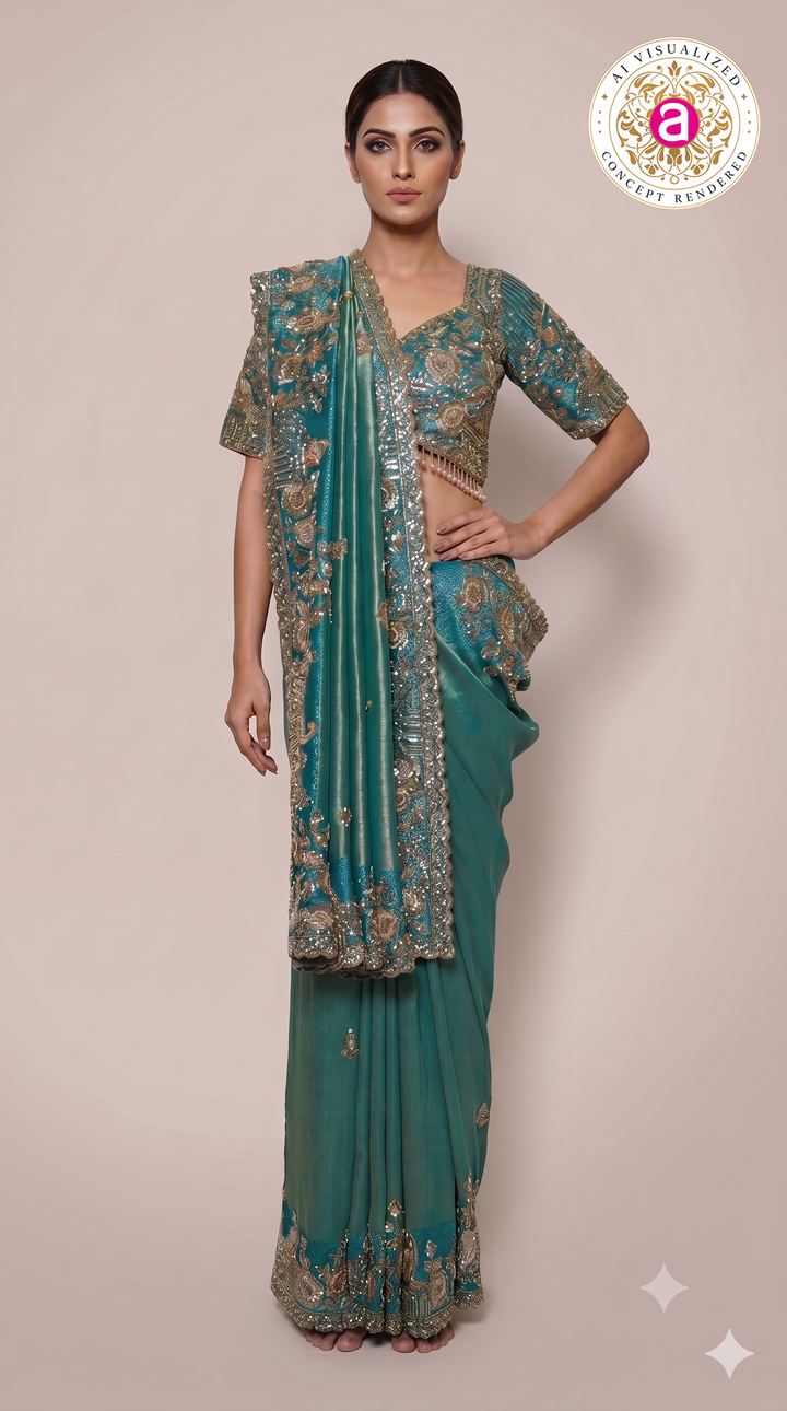 Teal Blue Designer Saree with Antique Gold Embroidered Blouse