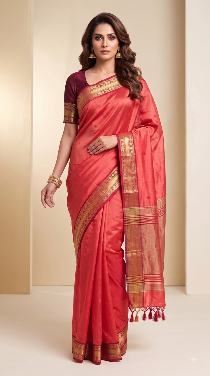 Elegant Handloom Silk Saree with Small Butti Motifs & Rich Zari Border