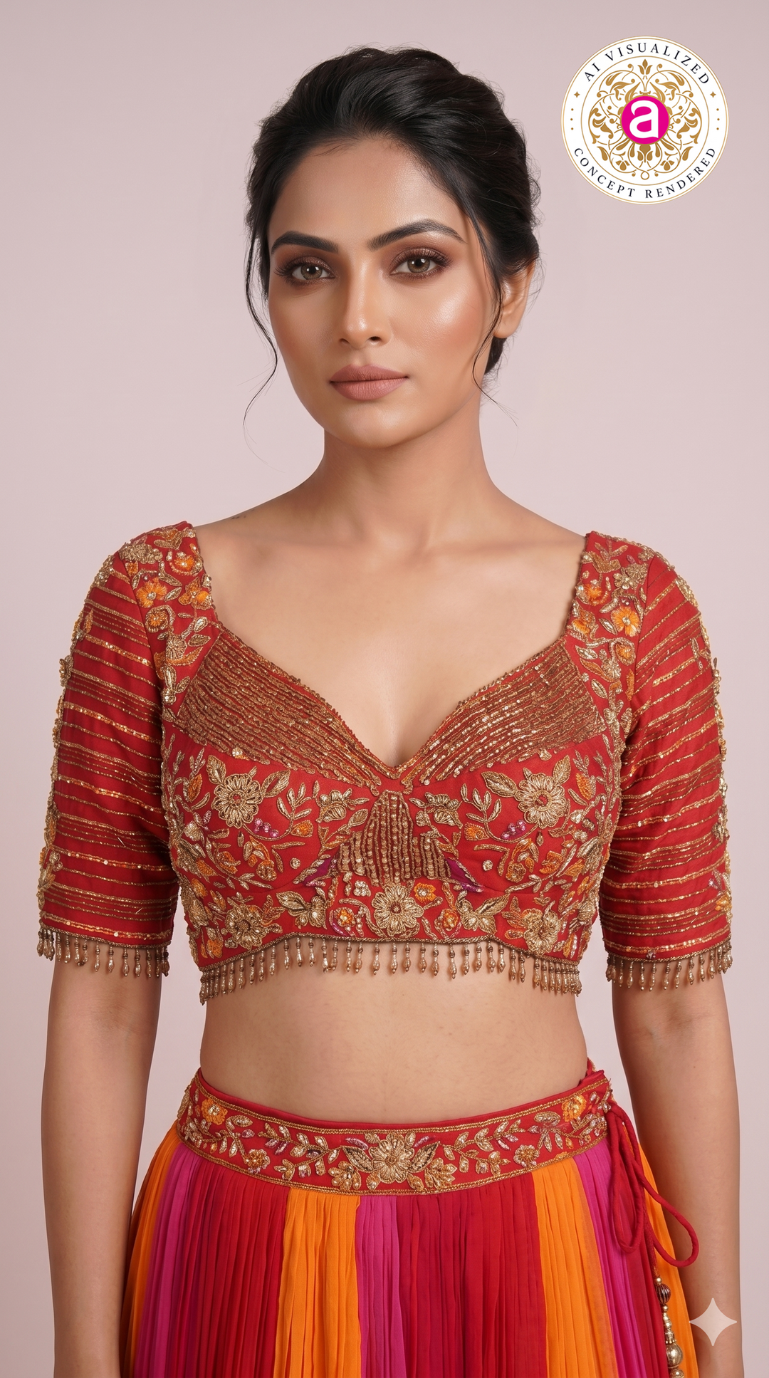 Multicolor Pleated Lehenga Set with Embroidered Blouse
