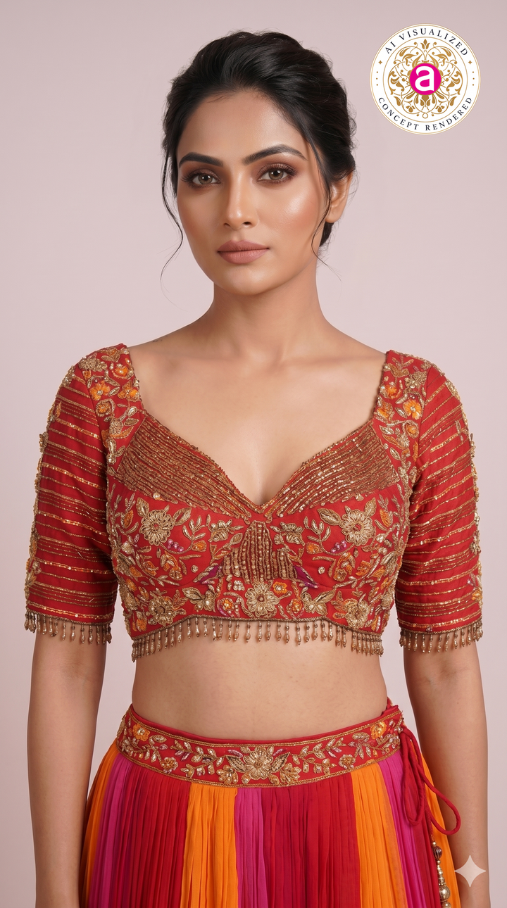Multicolor Pleated Lehenga Set with Embroidered Blouse
