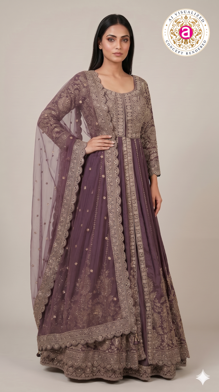 Royal Plum Embroidered Anarkali Gown with Designer Dupatta