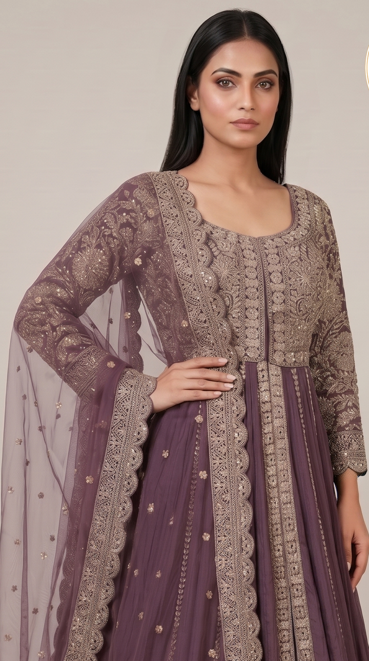 Royal Plum Embroidered Anarkali Gown with Designer Dupatta