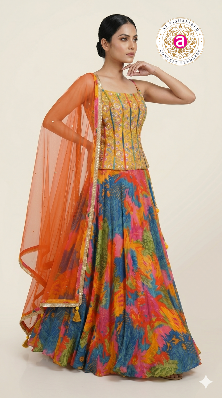 Abstract Multicolor Printed Lehenga Set with Embroidered Bustier & Orange Dupatta