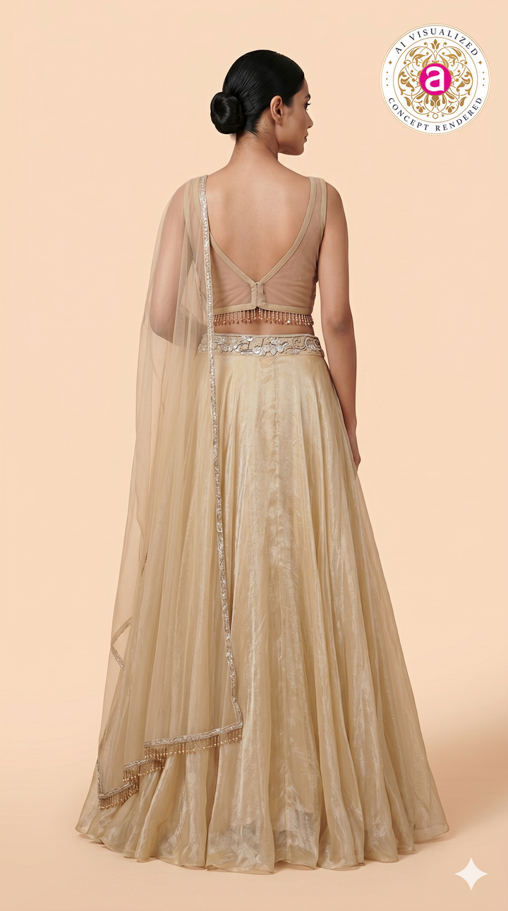 Champagne Gold Embellished Lehenga Set with Sheer Net Dupatta