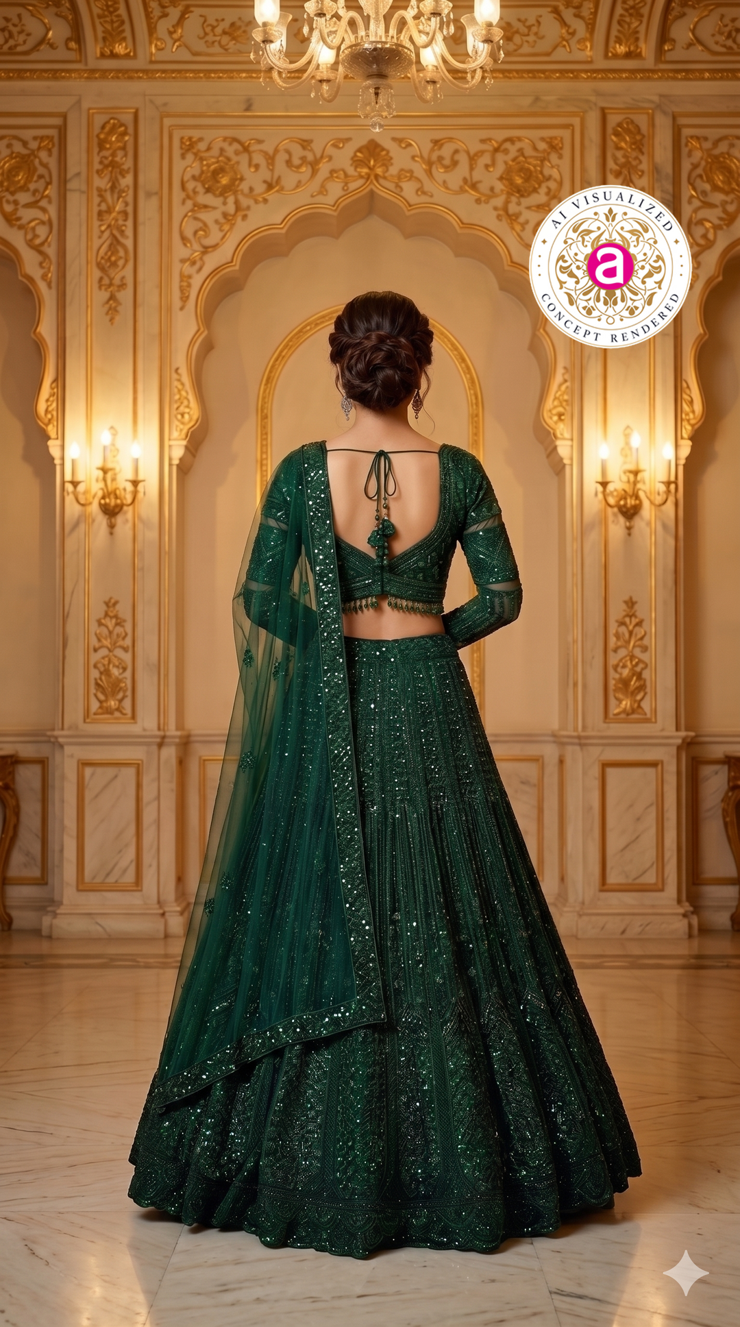 Emerald Green Designer Lehenga Set with Sequins Embellished Blouse and Net Dupatta