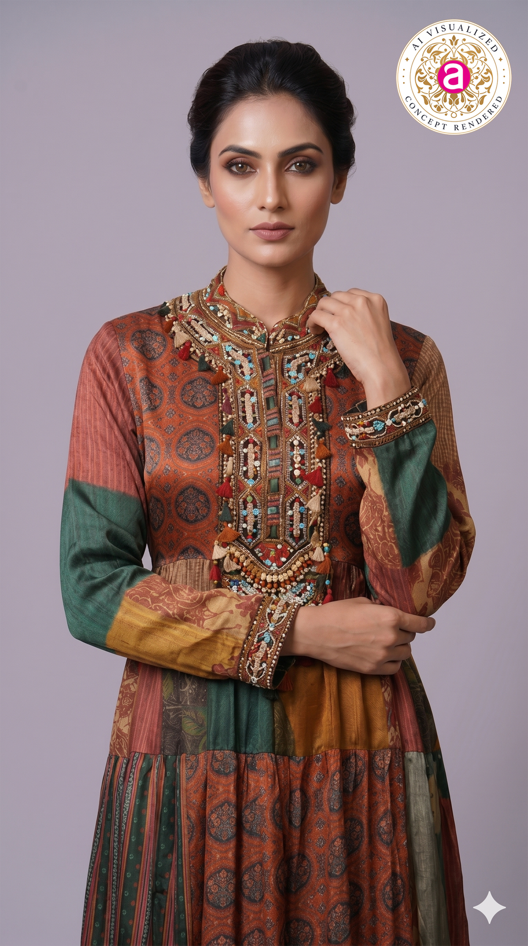Multicolour Patchwork Printed Tiered Maxi Dress with Statement Embellished Neckline