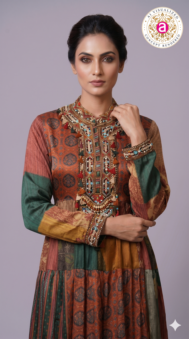 Multicolour Patchwork Printed Tiered Maxi Dress with Statement Embellished Neckline