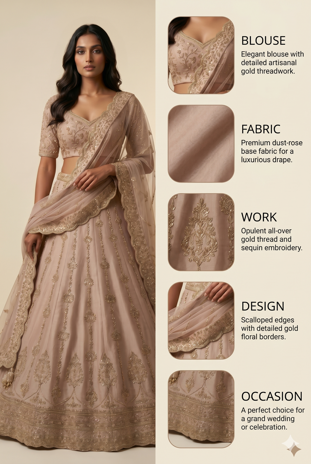 Champagne Beige Designer Bridal Lehenga Set with Heavy Zari Embroidery & Net Dupatta