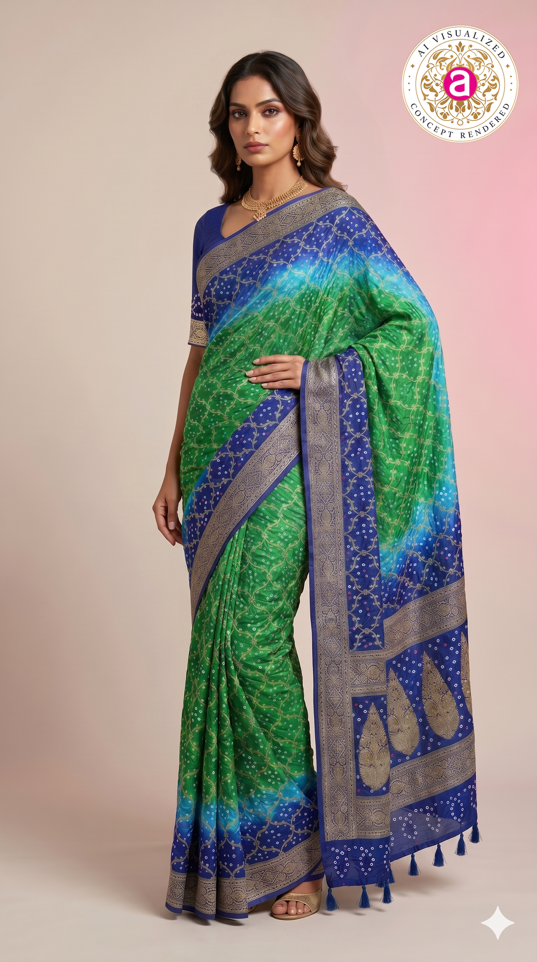 Royal Blue & Emerald Green Bandhani Silk Saree with Zari Border