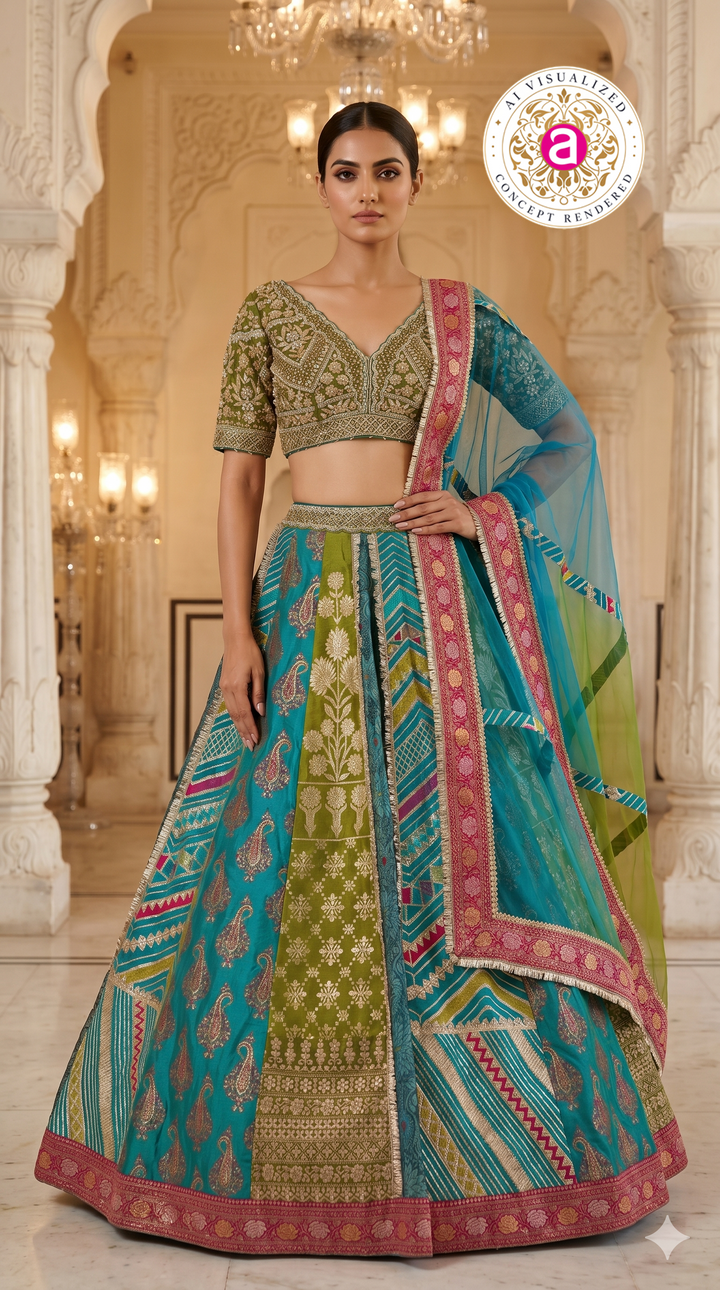 Turquoise Multicolor Designer Lehenga Set with Embroidered Blouse & Contrast Dupatta