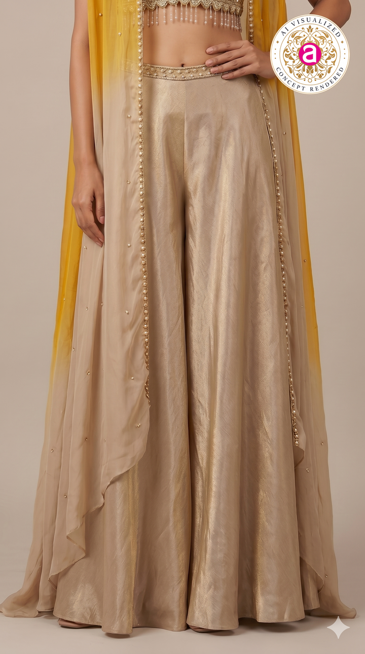 Mustard Yellow Cape Style Palazzo Set with Embellished Blouse